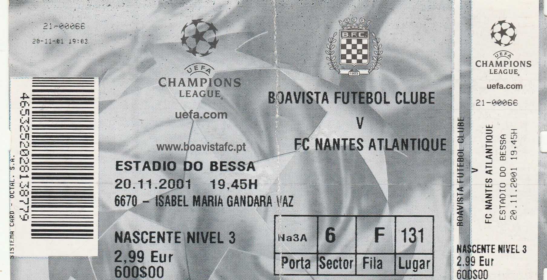 Bilhete Boavista FC - FC Nantes / Liga dos Campeões 2001/02