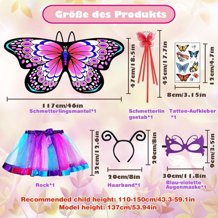 Motyli kostium karnawałowy z maską dla dzieci Rozmiar One Size