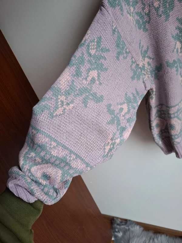 Sweter liliowy fioletowy vintage unikat we wzory oversize 36 38 40