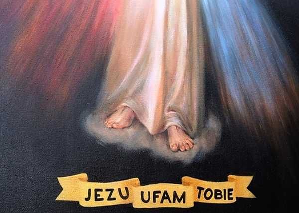 duży obraz malowany Jezus w modlitwie JEZU UFAM TOBIE MIŁOSIERNY rama