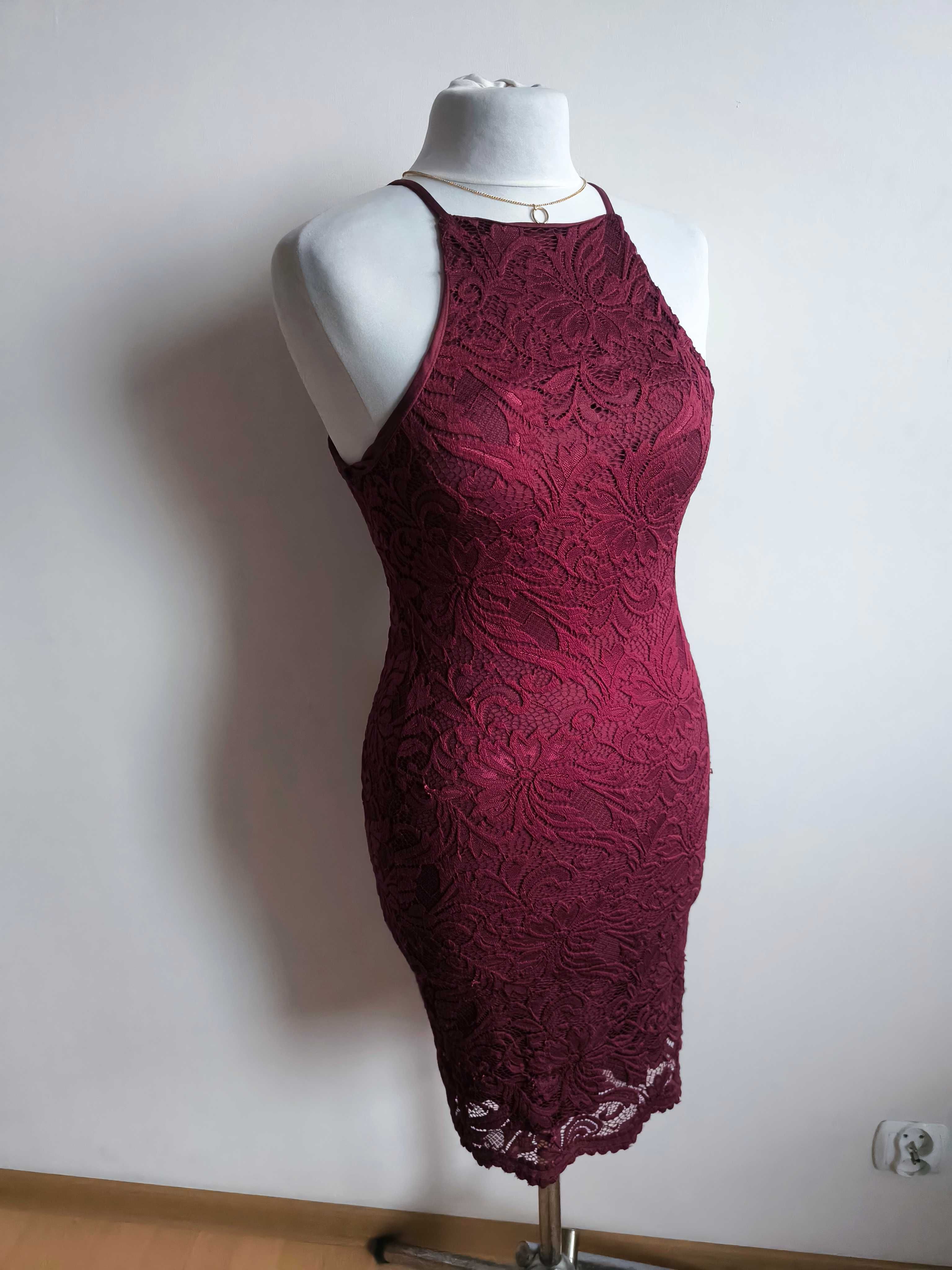Bordowa elegancka koronkowa sukienka marki New Look w rozmiarze S/36