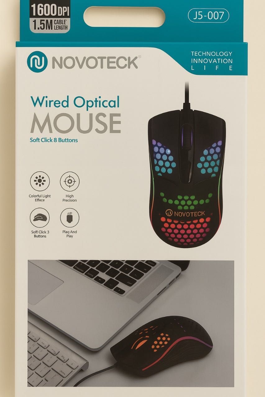 Rato com Fio Novoteck JS-007 – Efeito de Luz Colorida