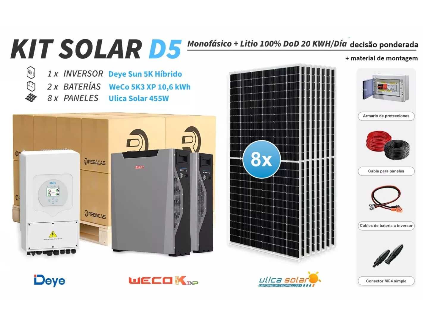 Kit de lítio Deye D5 20 kwh por dia com bateria Weco 10,6 kwh 100% DOD