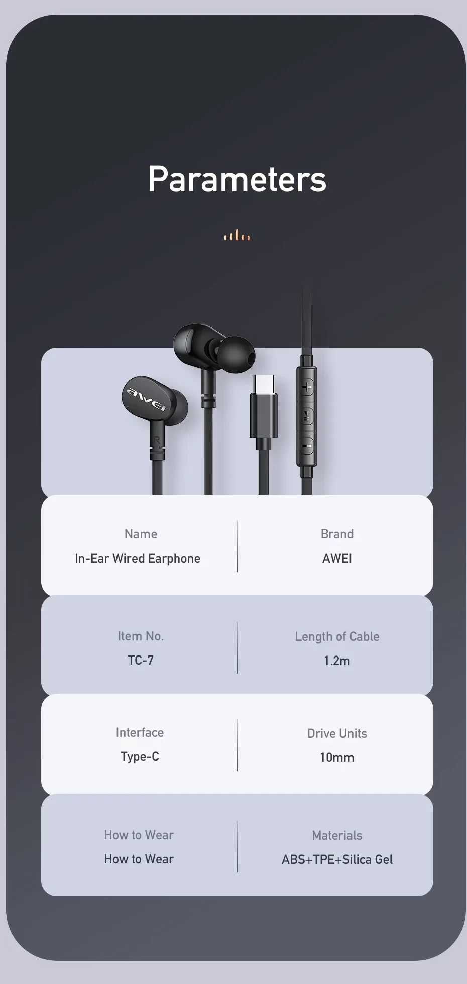 наушники Awei TC-7 1.2м Type-C