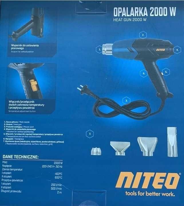 Opalarka 2000W NITEO TOOLS - wymienne dysze, regulacja przepływu i tem