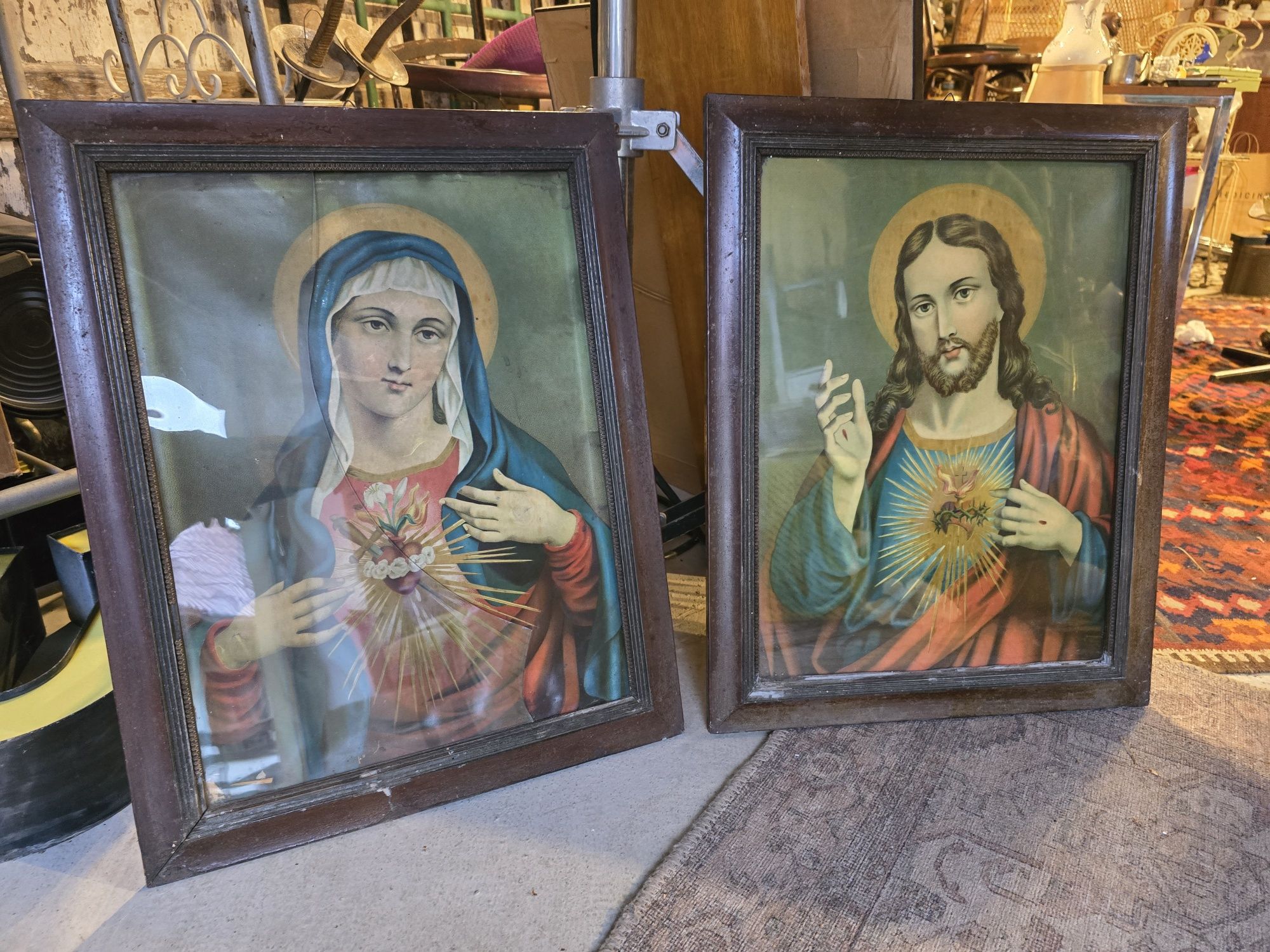 Stare oleodruki obrazy Serce Jezusa i Maryi - XIX wiek