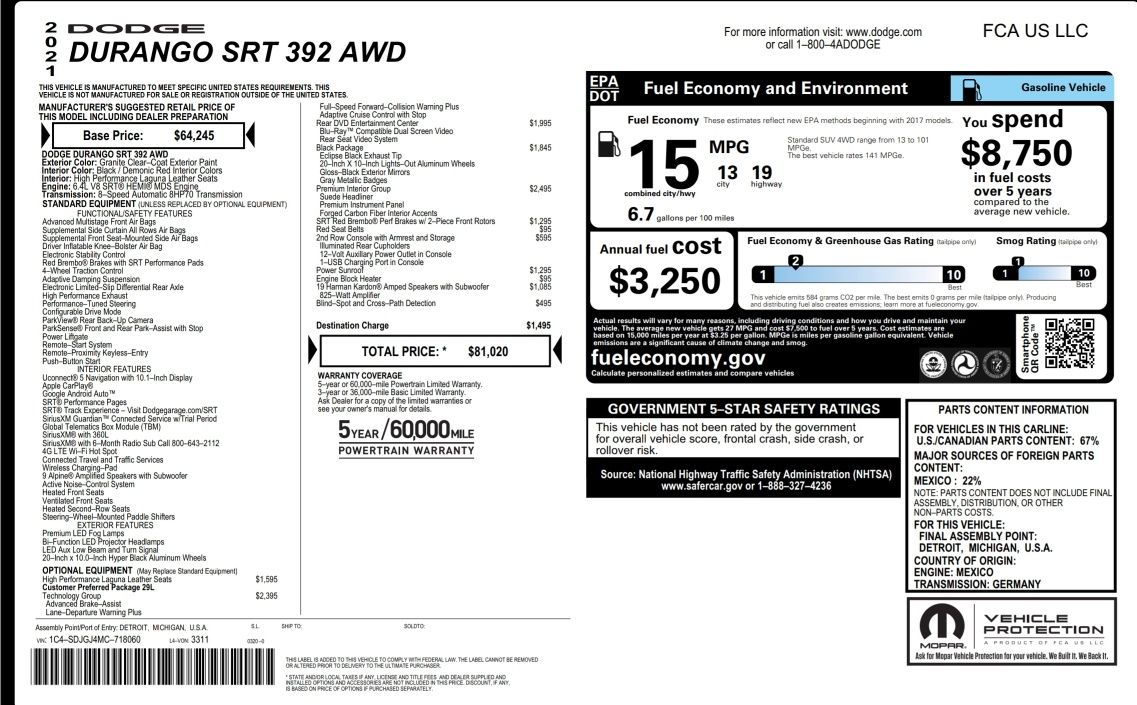 Dodge Durango SRT 392 AWD 2021R