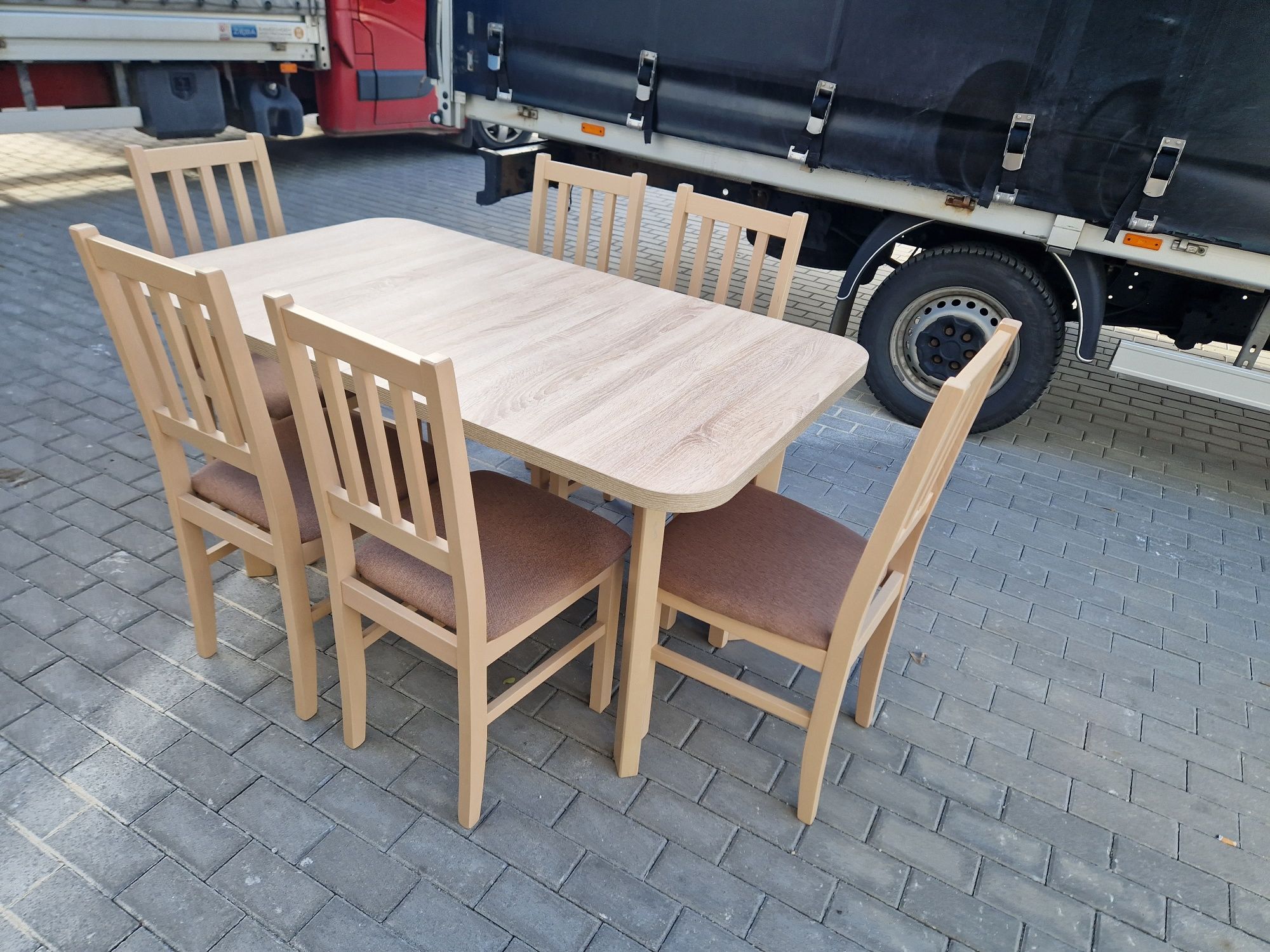 Nowe: Stół rozkładany + 6 krzeseł, sonoma + jasny brąz ( szczebelki)