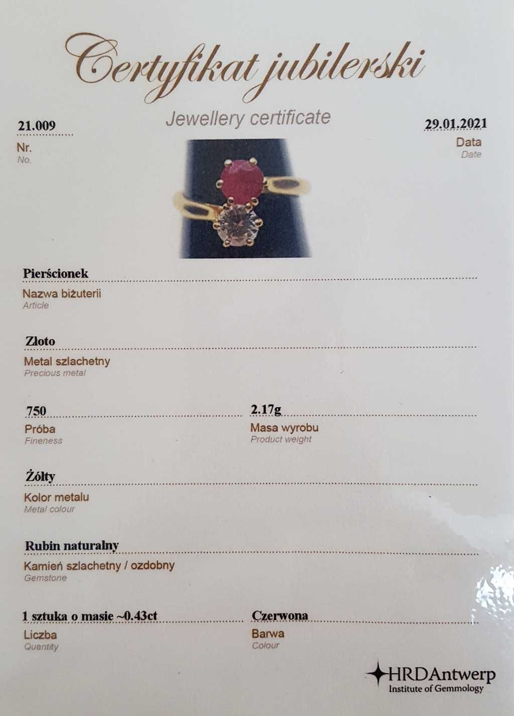 Złoty Paryski pierścionek zdobiony brylantem 0,42 oraz rubinem 0,43