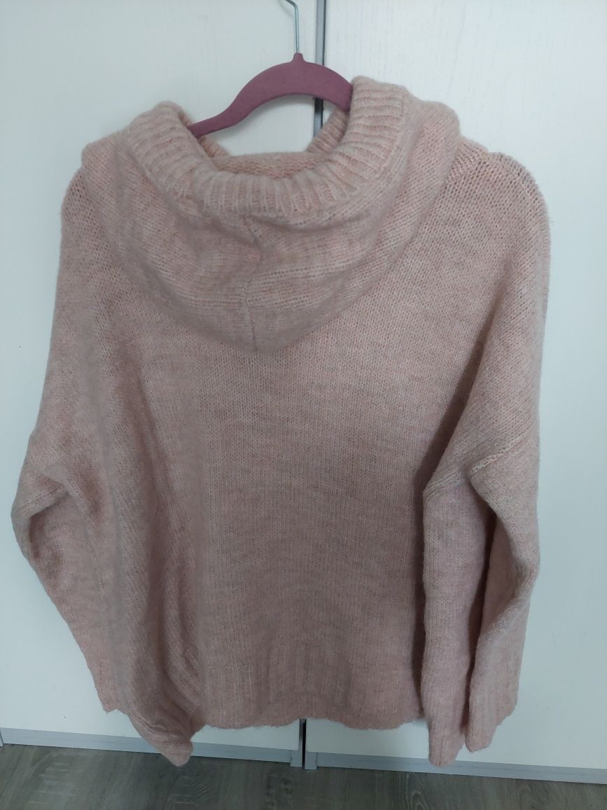 Nowy sweter bluza oversize z kapturem pudrowy róż wełna