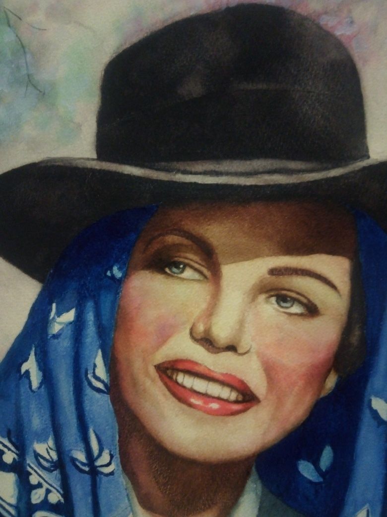 C. Pereira de Lima - antiga aquarela -retrato de uma mulher com chapéu