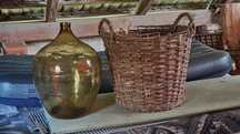Balon szklany na wino z koszem wiklinowym, gąsior, butla, dymion 55x36