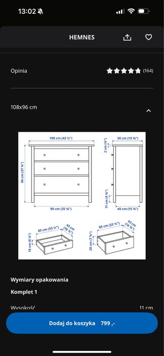 Komoda HEMNES IKEA 3 szuflady biala bejca 108x96