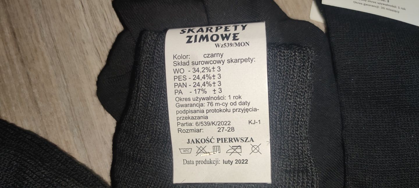 Skarpety zimowe wojskowe 539/MON rozm. 27/28. NOWE
