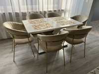 Nowoczesny biały stół rozkładany z szarymi wstawiami+krzeszła 6 sztuk