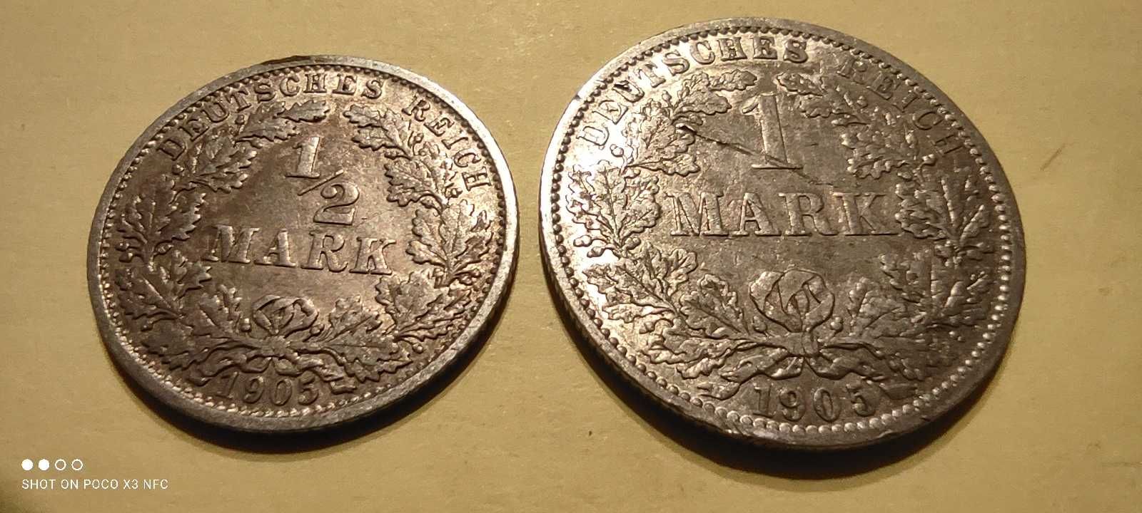 Monety srebrne zestaw Niemcy 1905 rok 1 marka i 1/2 marki Ag srebro