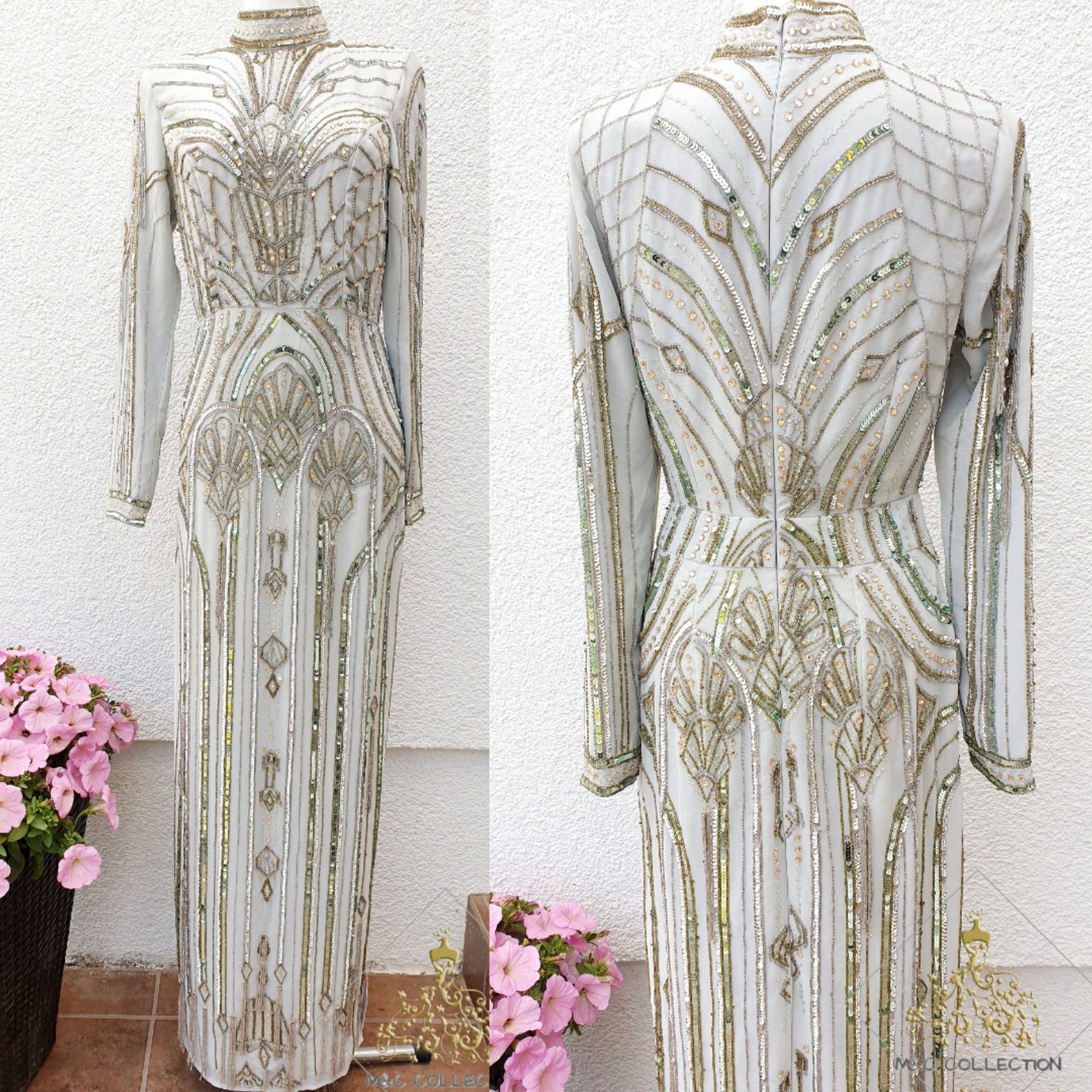 Sukienka Asos zdobiona srebrna, szara, cekiny frędzle ołówkowa S 36