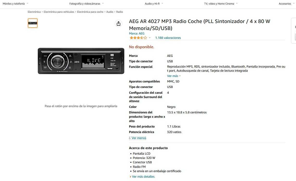 Auto Radio AEG AR 4027 USB/Cartão 320 watts