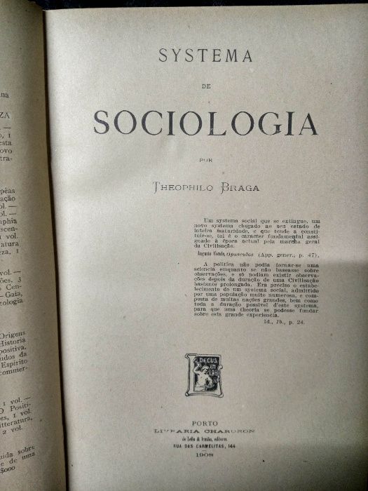 SYSTEMA DE SOCIOLOGIA - Theophilo Braga - edição de 1908