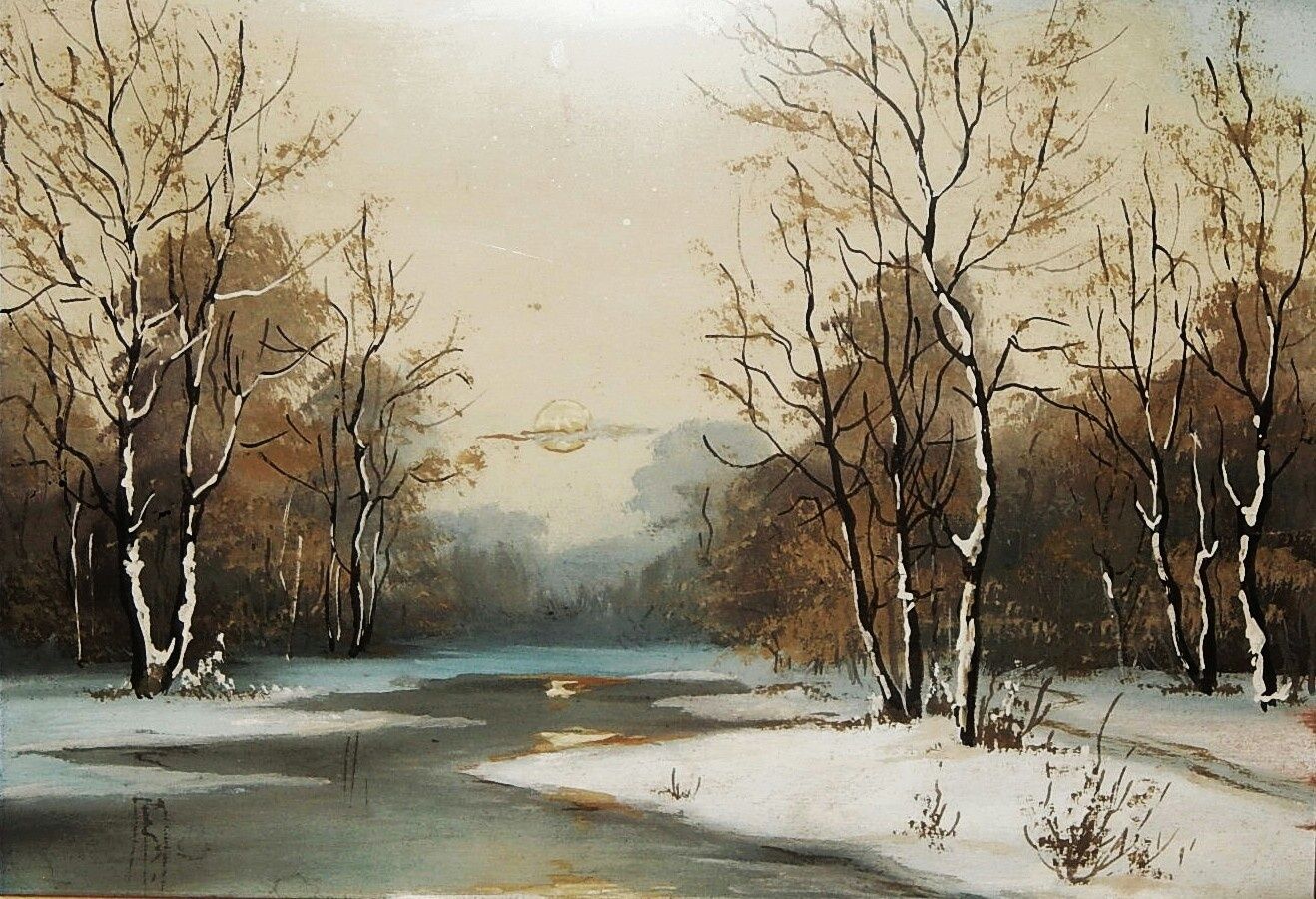 Картина старинная акварель 30х20 Зимний пейзаж