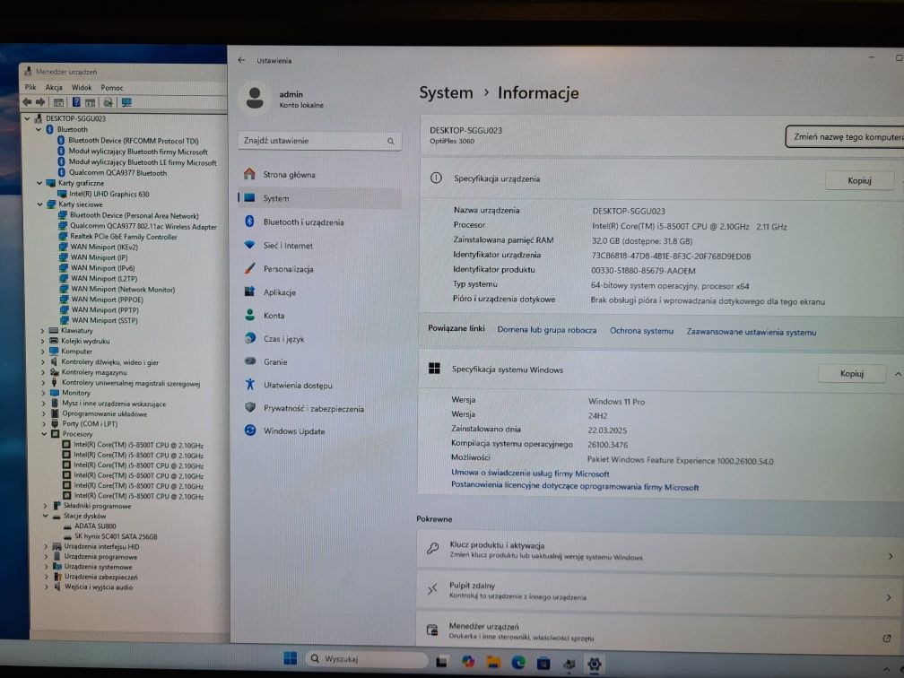 Dell micro mini 3060 i5 8500t 32gb 750gb SSD win11 Wi-Fi gwarancja fak