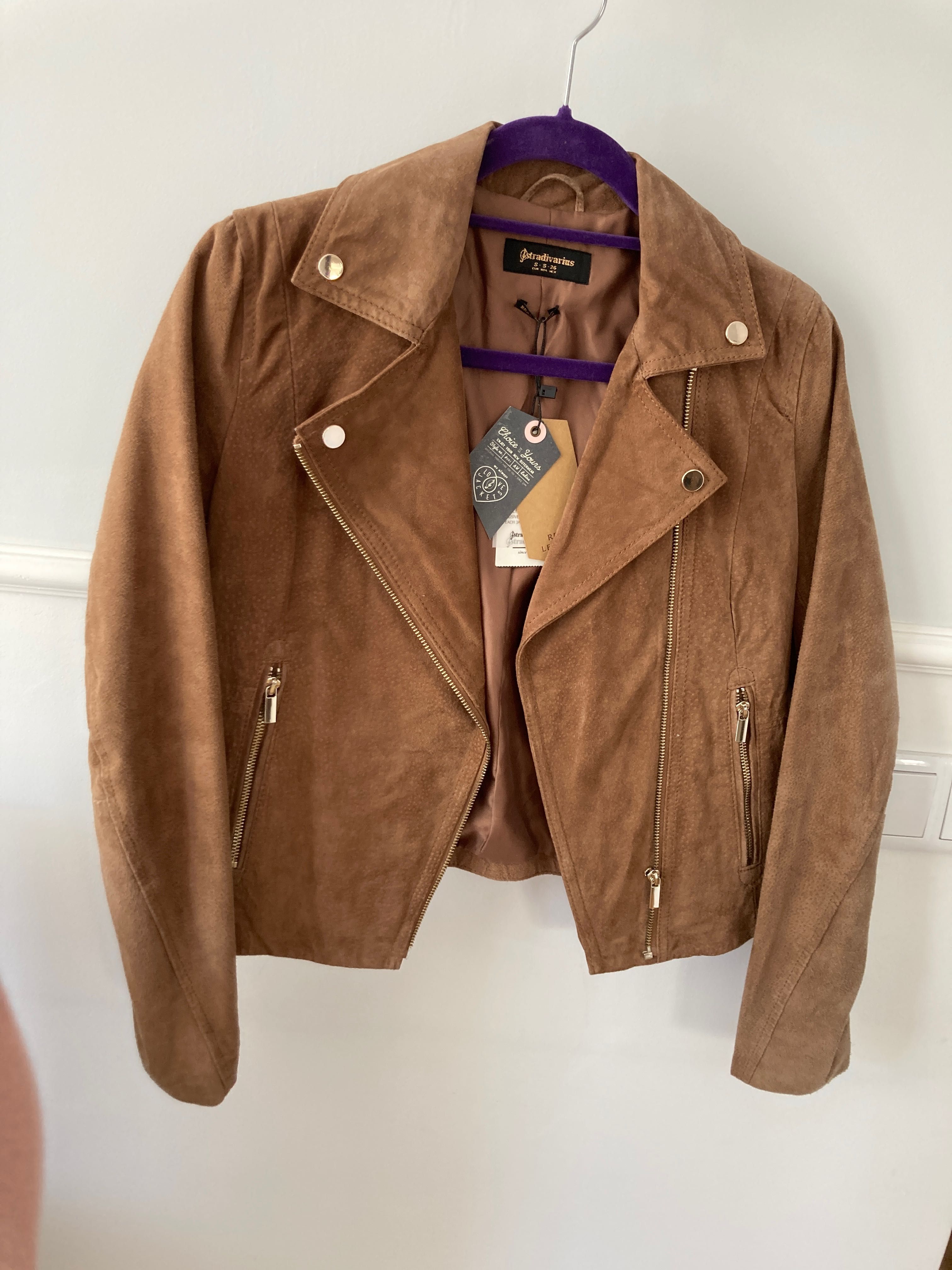 Stradivarius ramoneska real leather skórzana nowa z metkami S camel