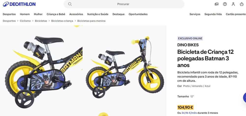 Bicicleta de Criança 12 polegadas Batman 3 anos
