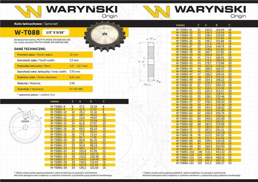 Koło zębate hartowane tarcza 08B-1 (R1 1/2) Z-21 Waryński