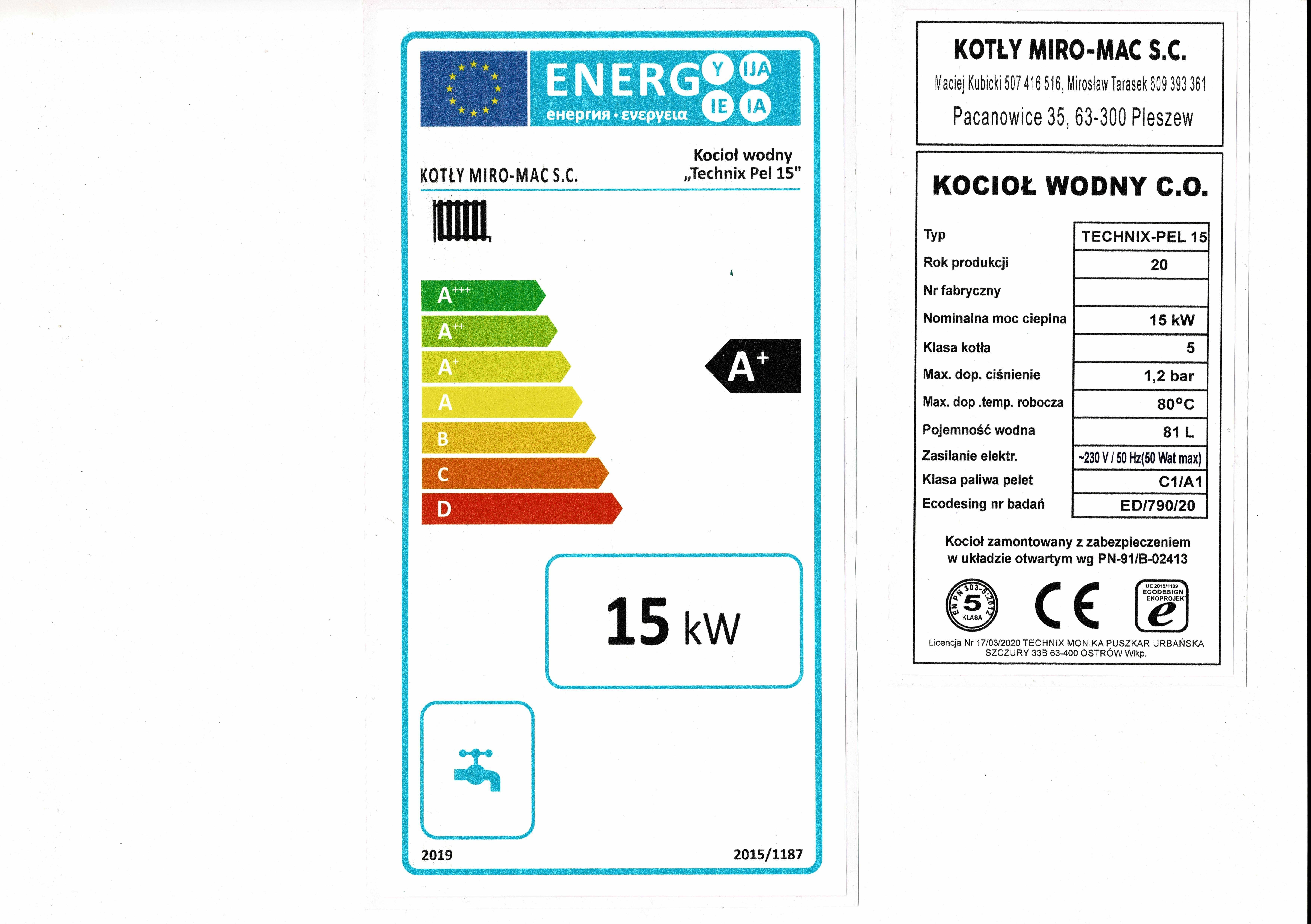 Piec CO  pellet drewno ekogroszek kocioł kotły 15 kW Miro-Mac 5 klasa