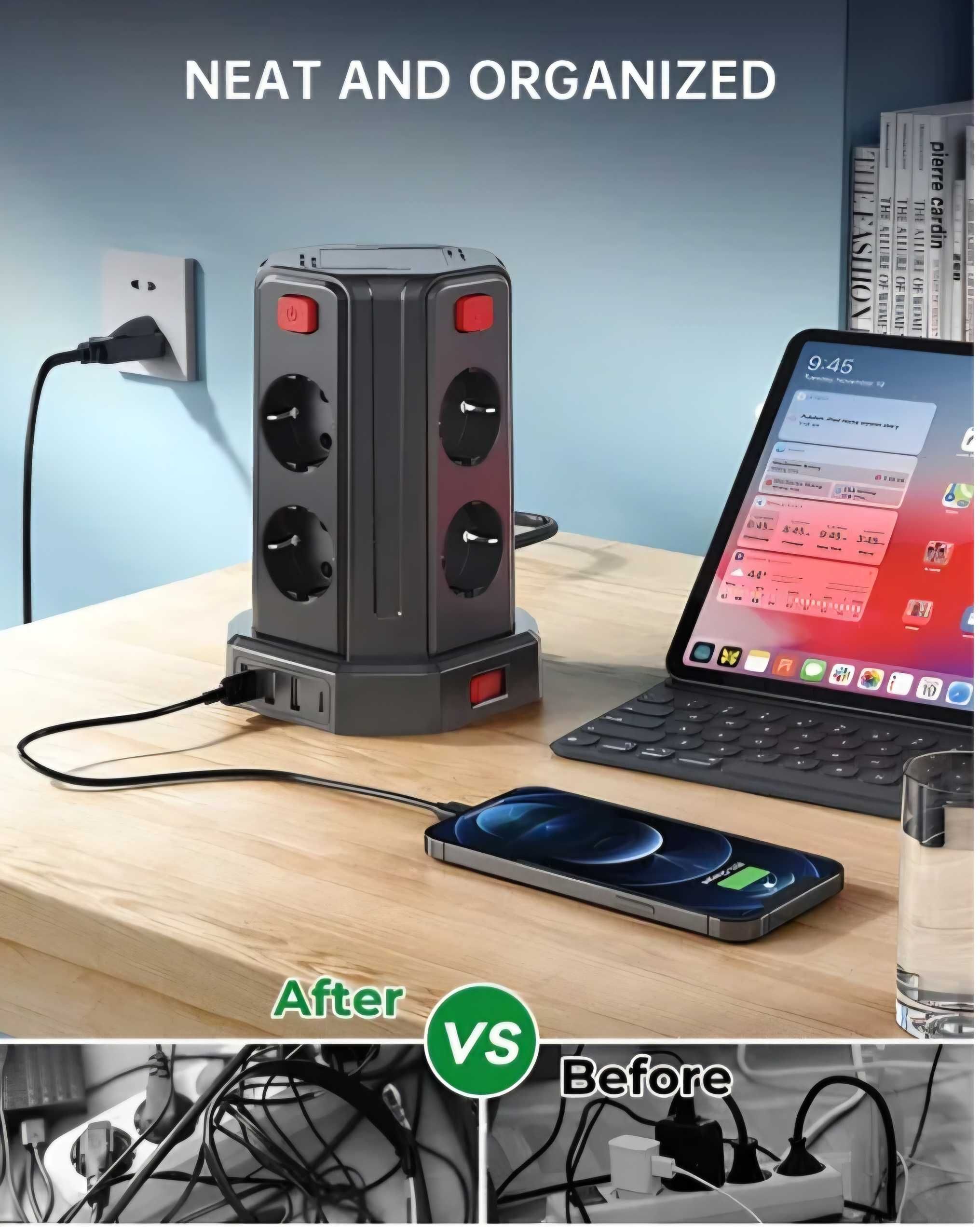 Przedłużacz pionowy wieża 12w1 8 gniazdek 3 x USB-A 1 x USB-C 3m 2500W