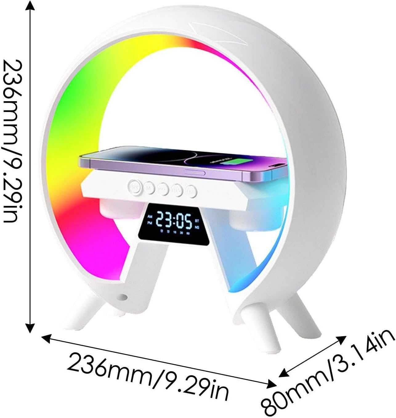 Lampka LED głośnik ładowarka indukcyjna QI RGB radio zegar kolory BT