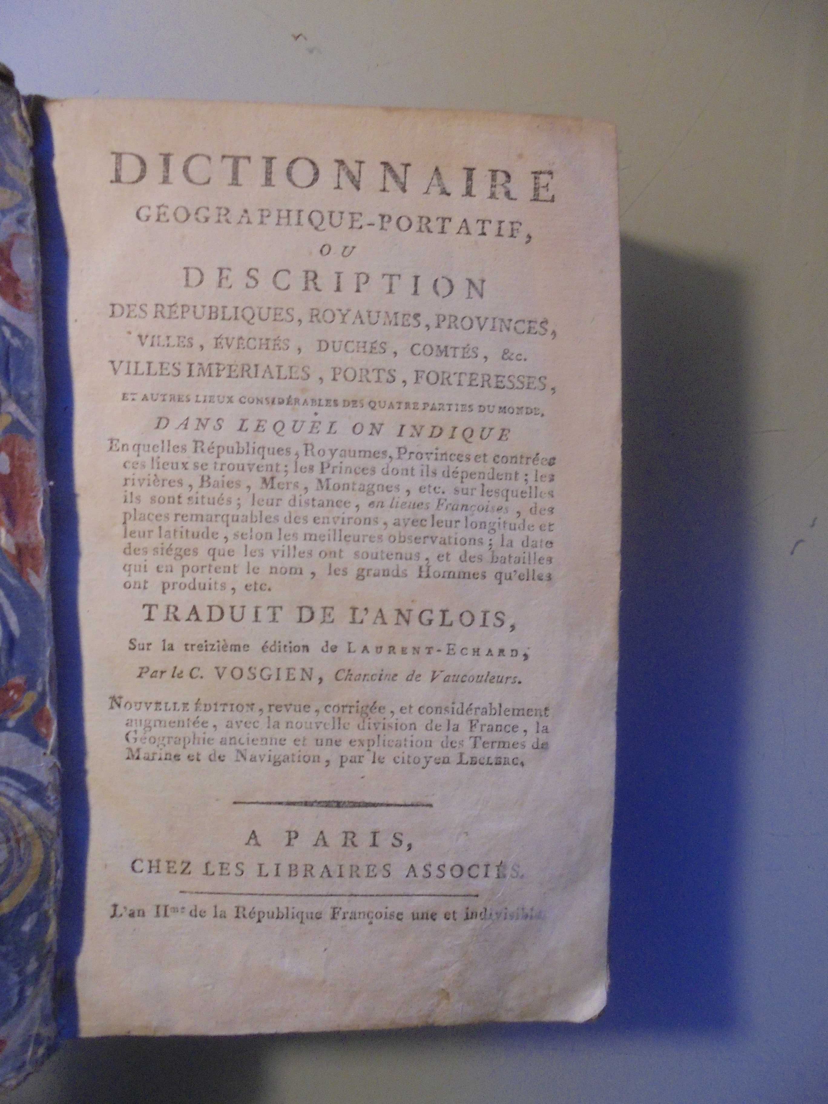 Vosgien (L´Abbé);Dictionaire Geographique Portatif ou Descriptio