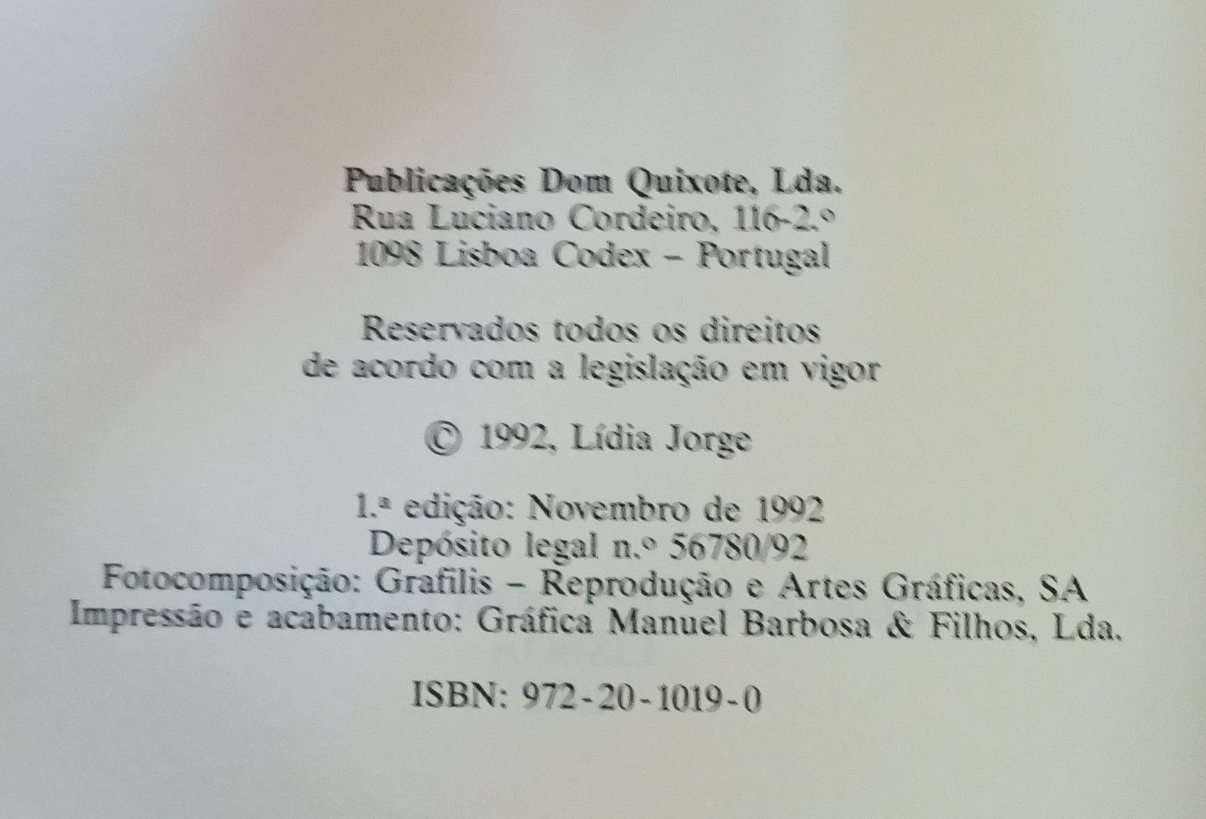 Lídia Jorge 1a. Edç. 1992 Raro