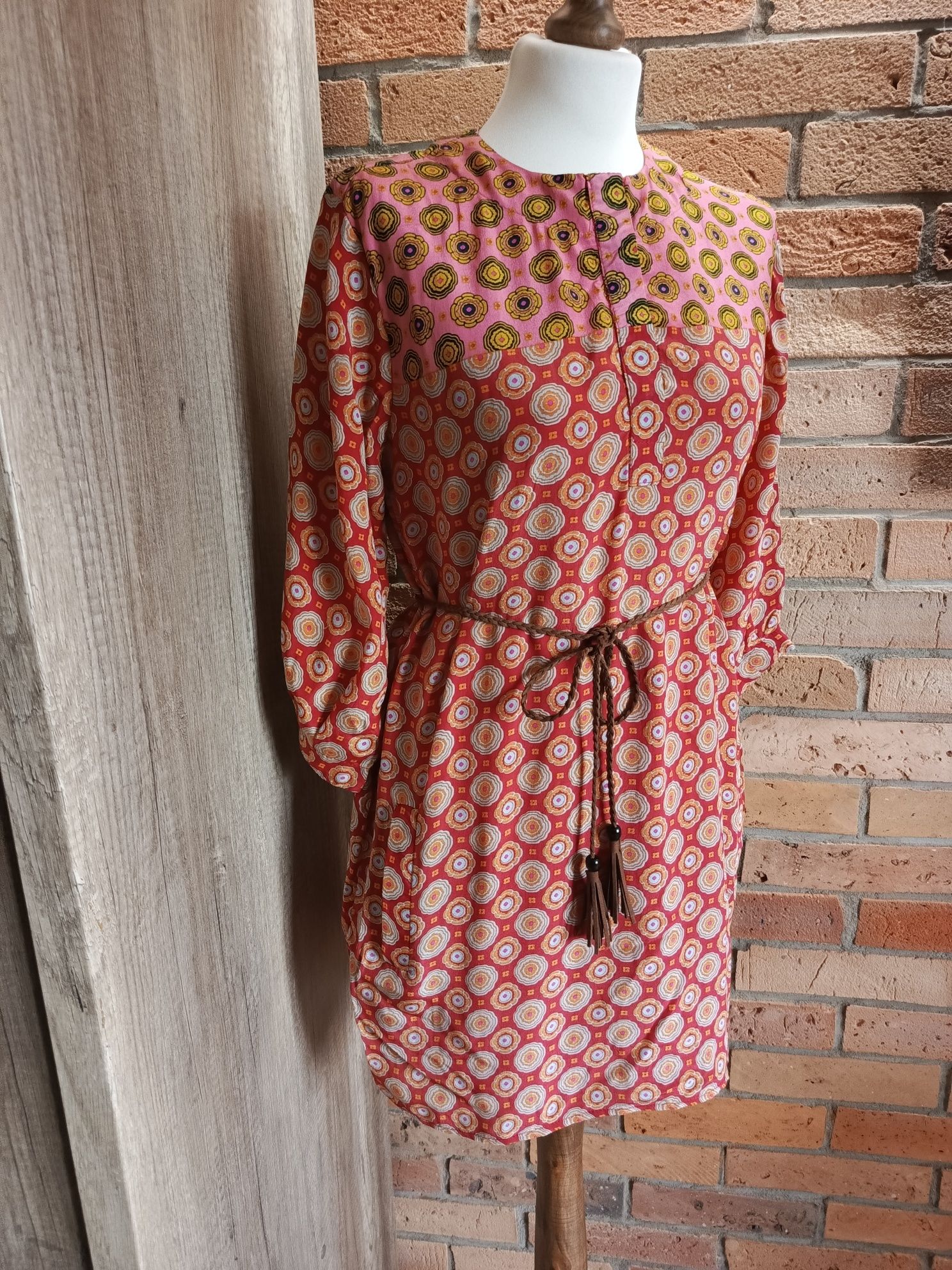 Sukienka jedwabna Joyce & Girls XS 100% silk boho wzór retro kolorowa