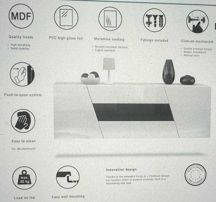 Cómoda Aparador LED Houston – Novo, Branco Brilho