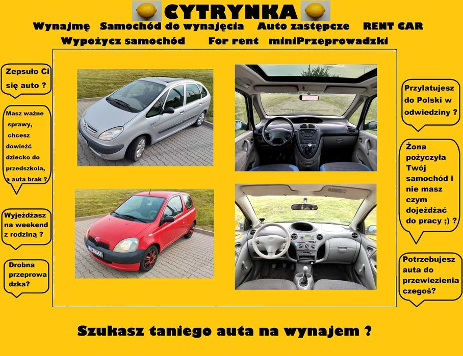 Samochód auto do wynajęcia od 33zł Rent car Auto zastępcze Wynajem