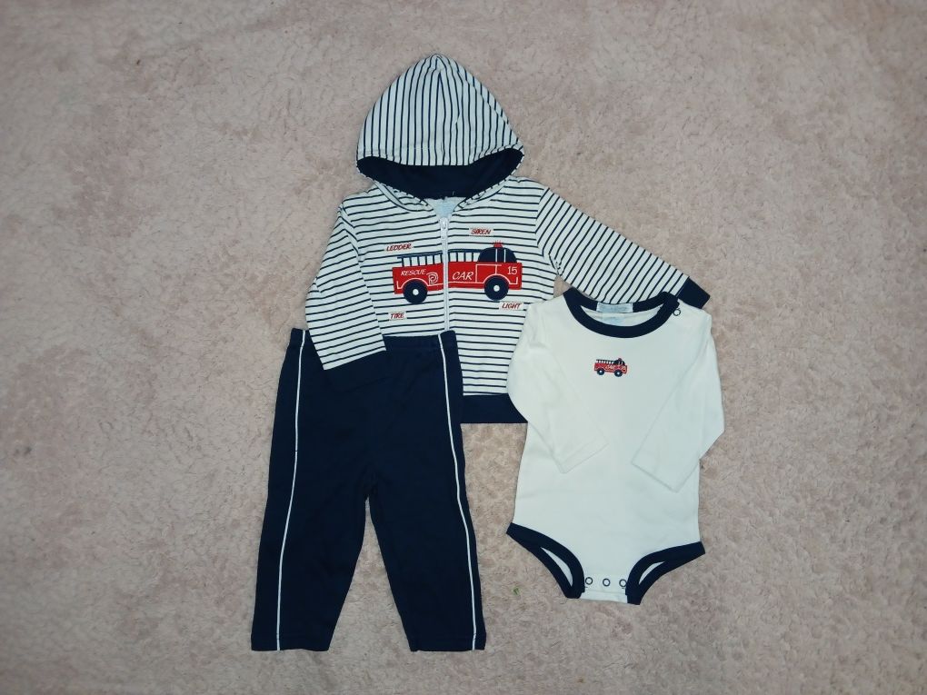 •68• Nowy komplet: body, spodnie, bluza / 6M / paski, straż pożarna