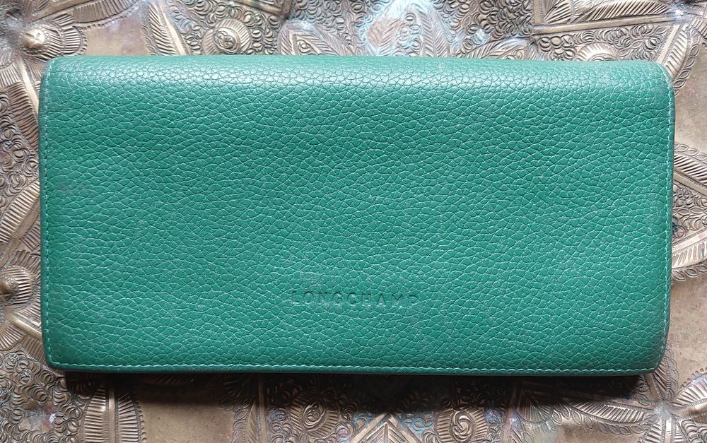 Piękny skórzany portfel Longchamp butelkowa zieleń