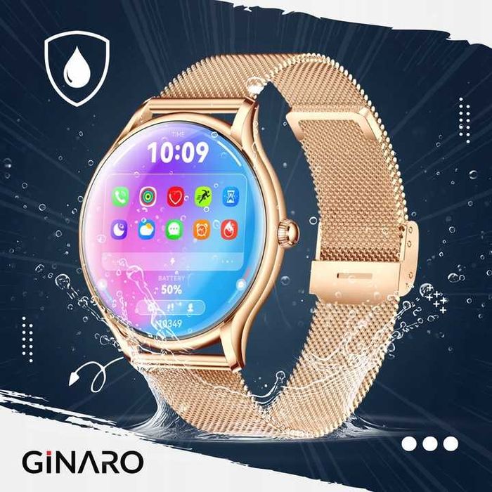 Smartwatch damski złoty zegarek elegancki kroki zdrowie pomiary muzyka