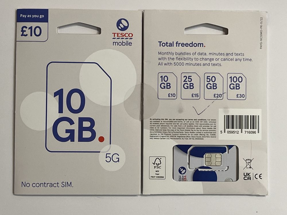 Tesco Mobile UK karta SIM tescomobile Prepaid Card £30.00 Roaming EU