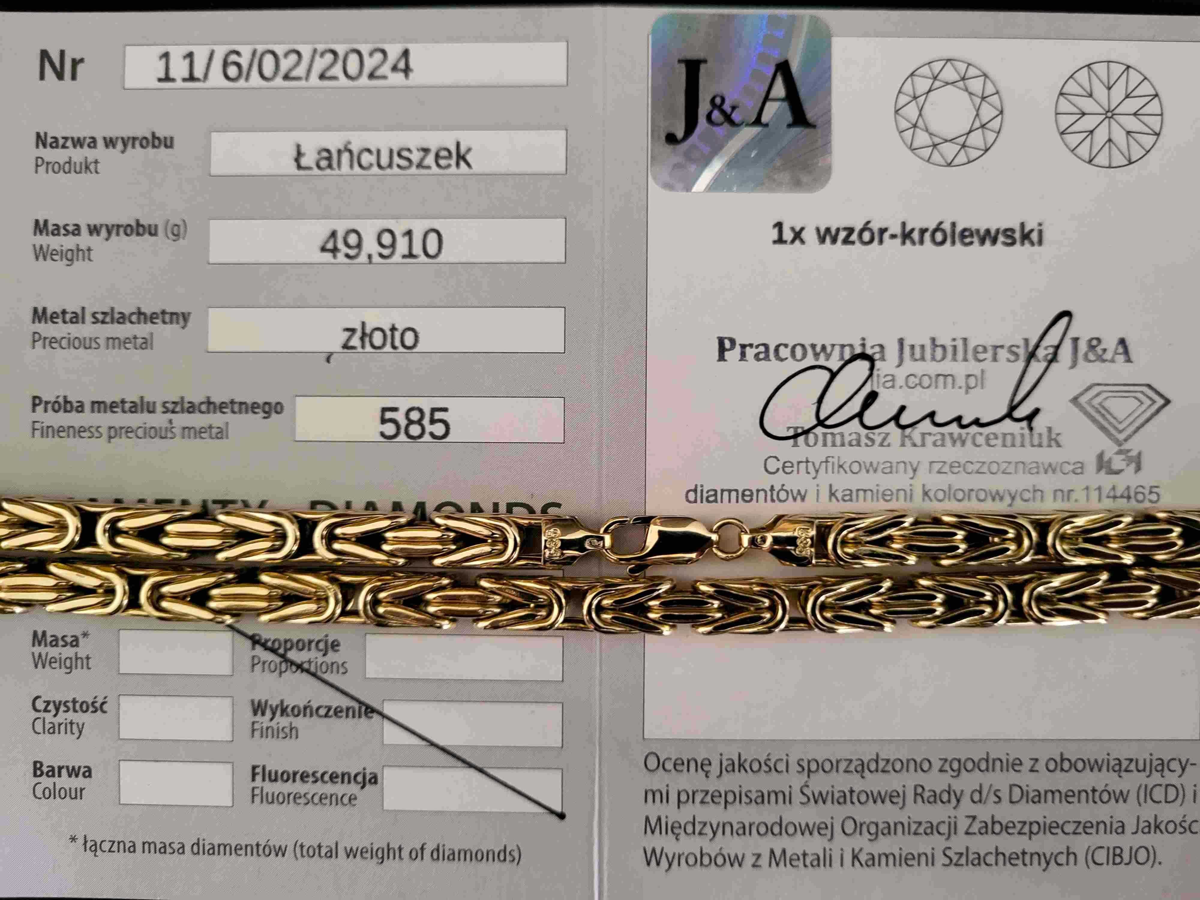 Sprzedaż - Łańcuszek / KRÓLEWSKI / Certyfikat