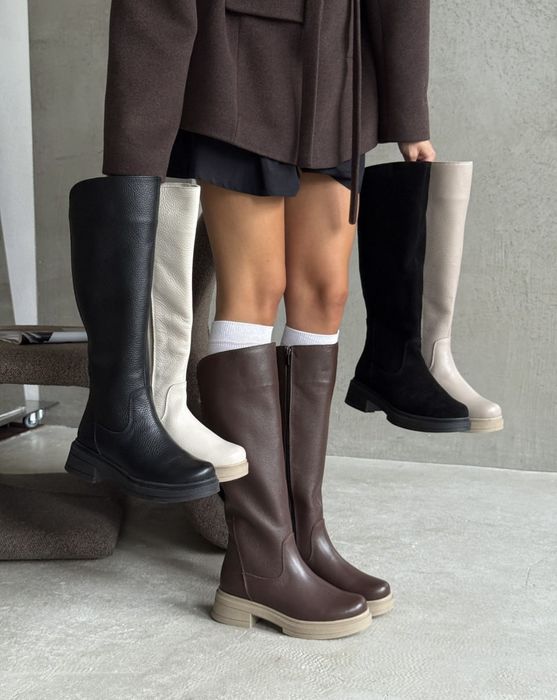 Женские зимние кожаные сапоги трубы