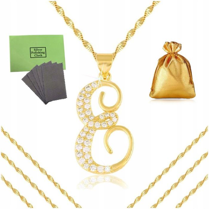 Piękny Złoty Łańcuszek Singapur + Zawieszka Literka "e" Z Cyrkoniami 6