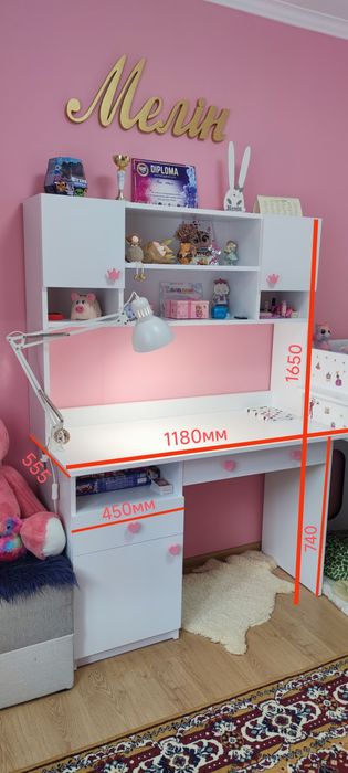 Білий письмовий стіл з надбудовою і ящиками для дітей, для дівчинки