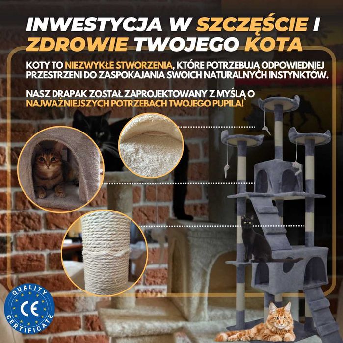 drapak dla kota wysoki 170 cm domek zabawki legowisko czarny - Nowy