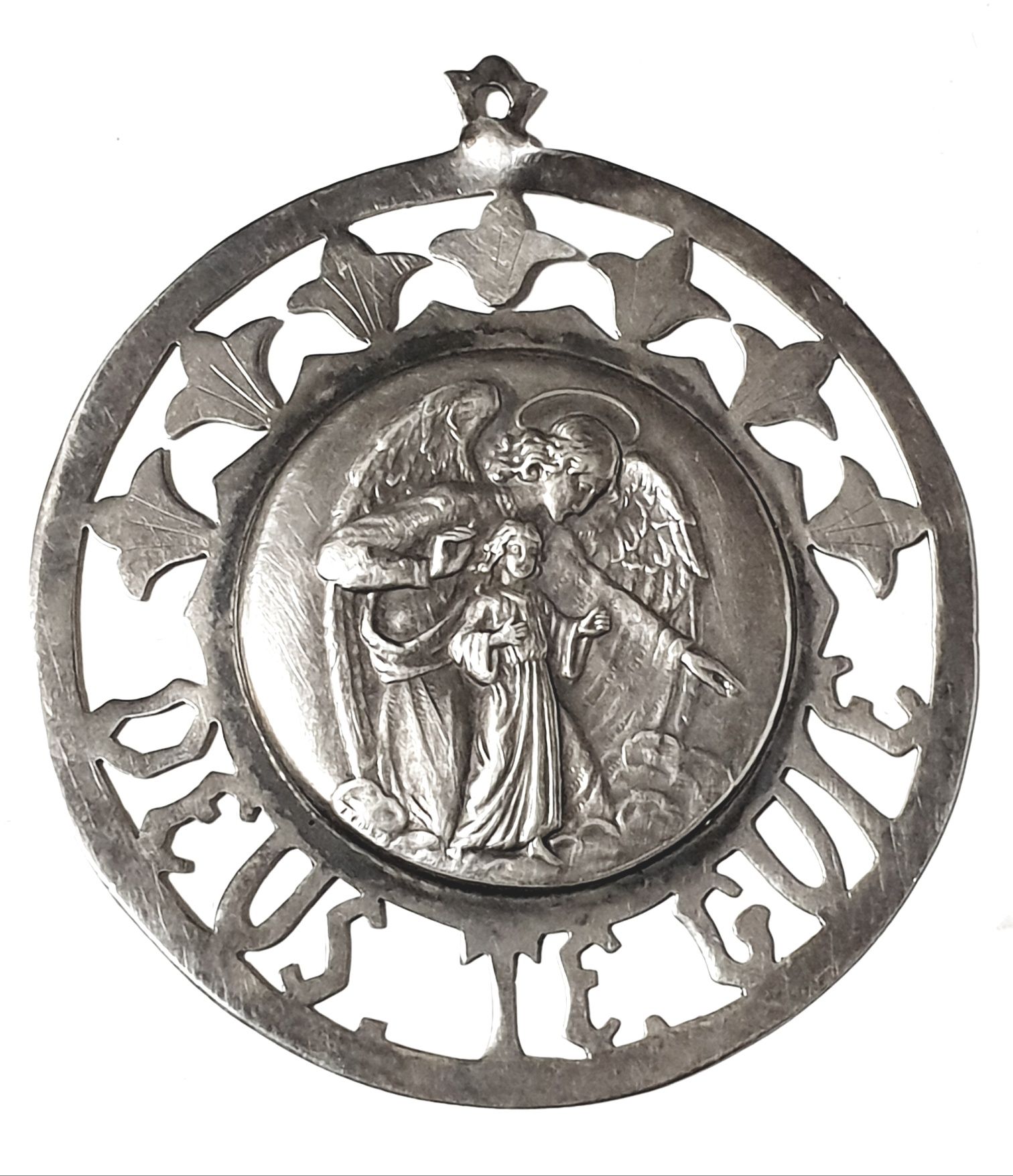 Lindo antigo pendente Anjo da Guarda em prata contrastada