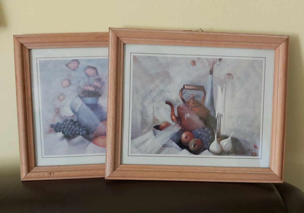 Zestaw komplet dwa obrazki za szkłem drewniane ramki martwa natura