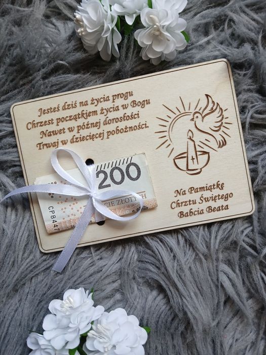 Upominek na chrzest zamiast kartki na pieniądze pamiątka na chrzciny