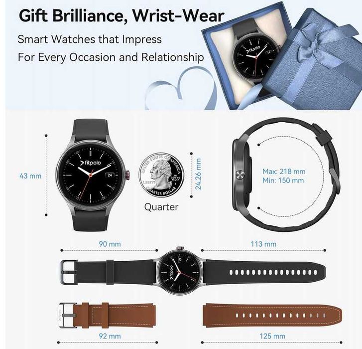 Fitpolo dla mężczyzn/kobiet (2 paski), okrągły smartwatch Bluetooth