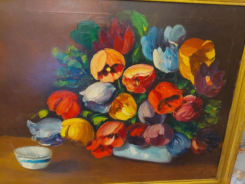 Lindo quadro a óleo flores com moldura m sousa pintura